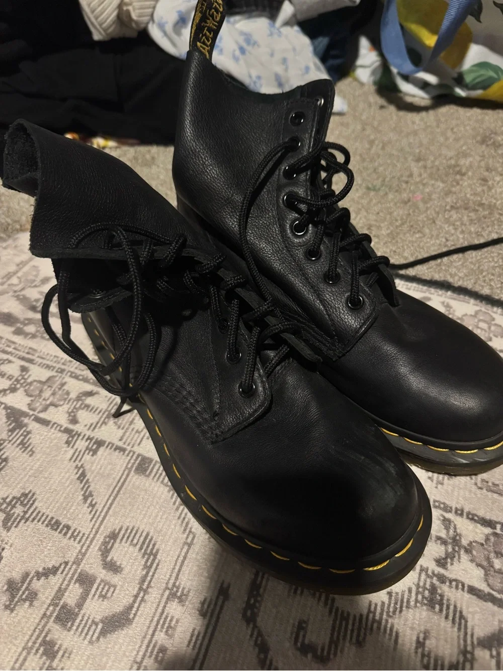 Dr. Martens Black Leather Lace-Up Boots with Yellow Welt Stitch